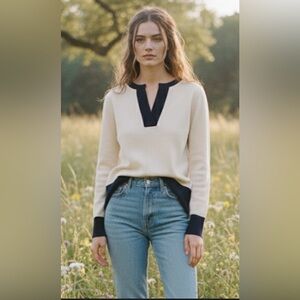 ST JOHN $695 BOUTIQUES Cream Multi, Ivory/Black Wool/Rayon Sweater Top/ dress P.